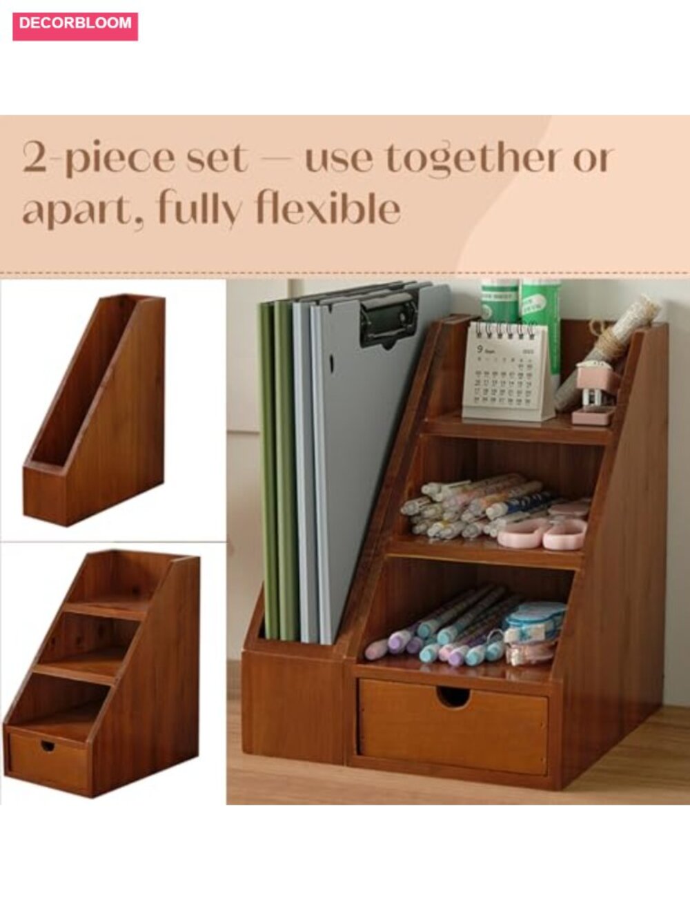 Vintage Wooden Desk Organizer Set of 2 - Desktop File Holder & Shelf with Drawer - Picture 3 of 6